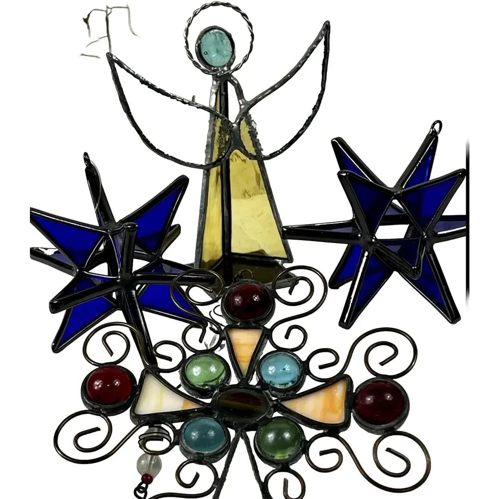 Set of 7 Stained Glass Cobalt Blue Snowflake Ornaments 4 Handmade Angel &Crosses